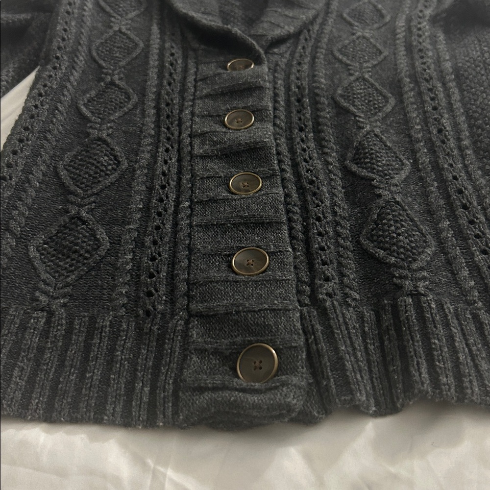 Fossil Wool Cashmere Blend Charcoal Cable Knit Button Down Collared Sweater - Picture 2 of 6